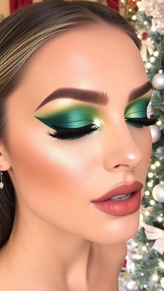 A festive makeup look with green eyeshadow and nude lips, set against a Christmas-themed background.